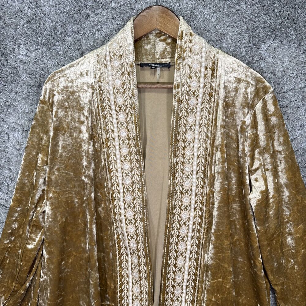 Andree By Unit Gold Velvet Embroidered Open Cardigan Waterfall Medium Boho - Picture 2 of 10